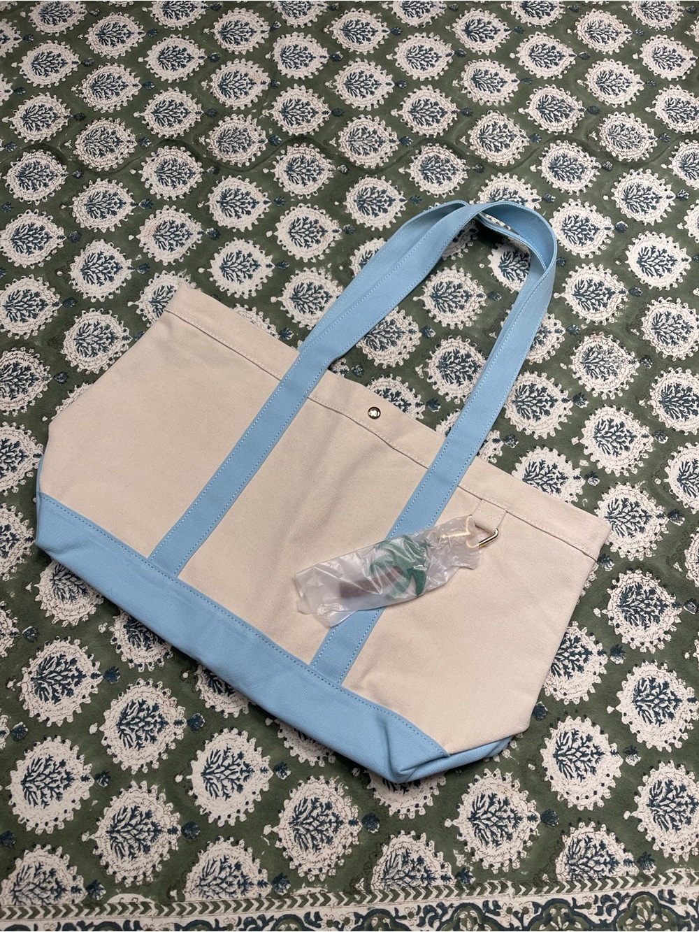 BaubleBar Away We Go Canvas Tote Bag Light Blue Trim Palm Tree Charm NWT